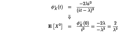 \begin{eqnarray}\html{eqn61}onumber\phi_X^{,,}(t) &=& \frac{-2 \lambda i^2}{(......} = \frac{-2 \lambda}{-\lambda^3}=\frac{2}{\lambda^2}onumber\end{eqnarray}
